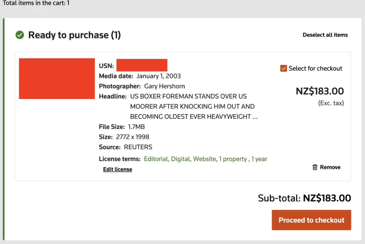 Reuters Connect pricing for an editorial website licence for the image